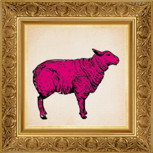 Kleiner goldener Bilderrahmen mit rosa Schaf